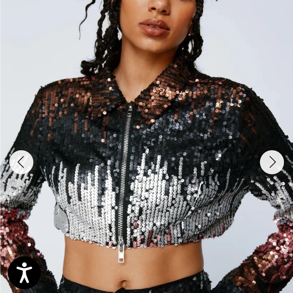 Nasty Gal Cropped Sequin Ombre Bomber Jacket in Black, Silver & Rose Gold